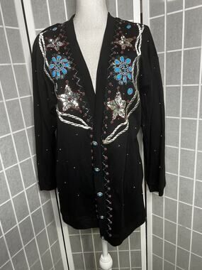 Vintage Marisa Christina Classics Cardigan Black Metallic Accents Turquoise Sz M